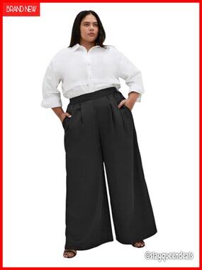 Plus Size Satin Palazzo Pant Wide Leg Pull On Side Pockets